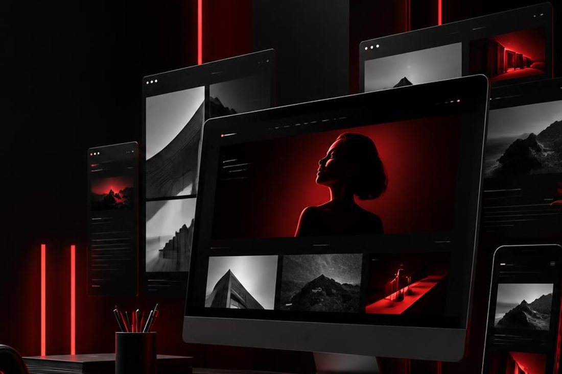 Estação de trabalho de desenvolvimento web com telas de sites em produção