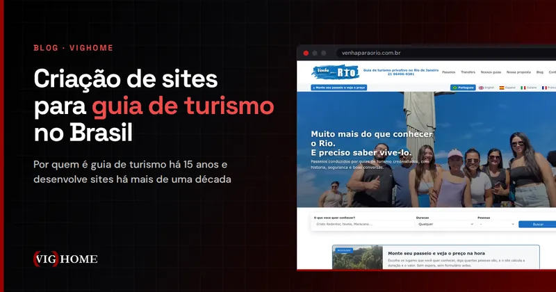 Capa do artigo sobre criação de sites para guia de turismo, com o site Venha para o Rio no navegador