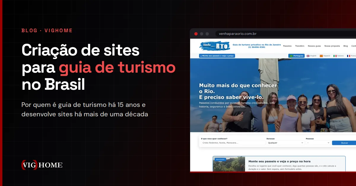 Criação de sites para guia de turismo no Brasil: página inicial do site Venha para o Rio exibida em um navegador