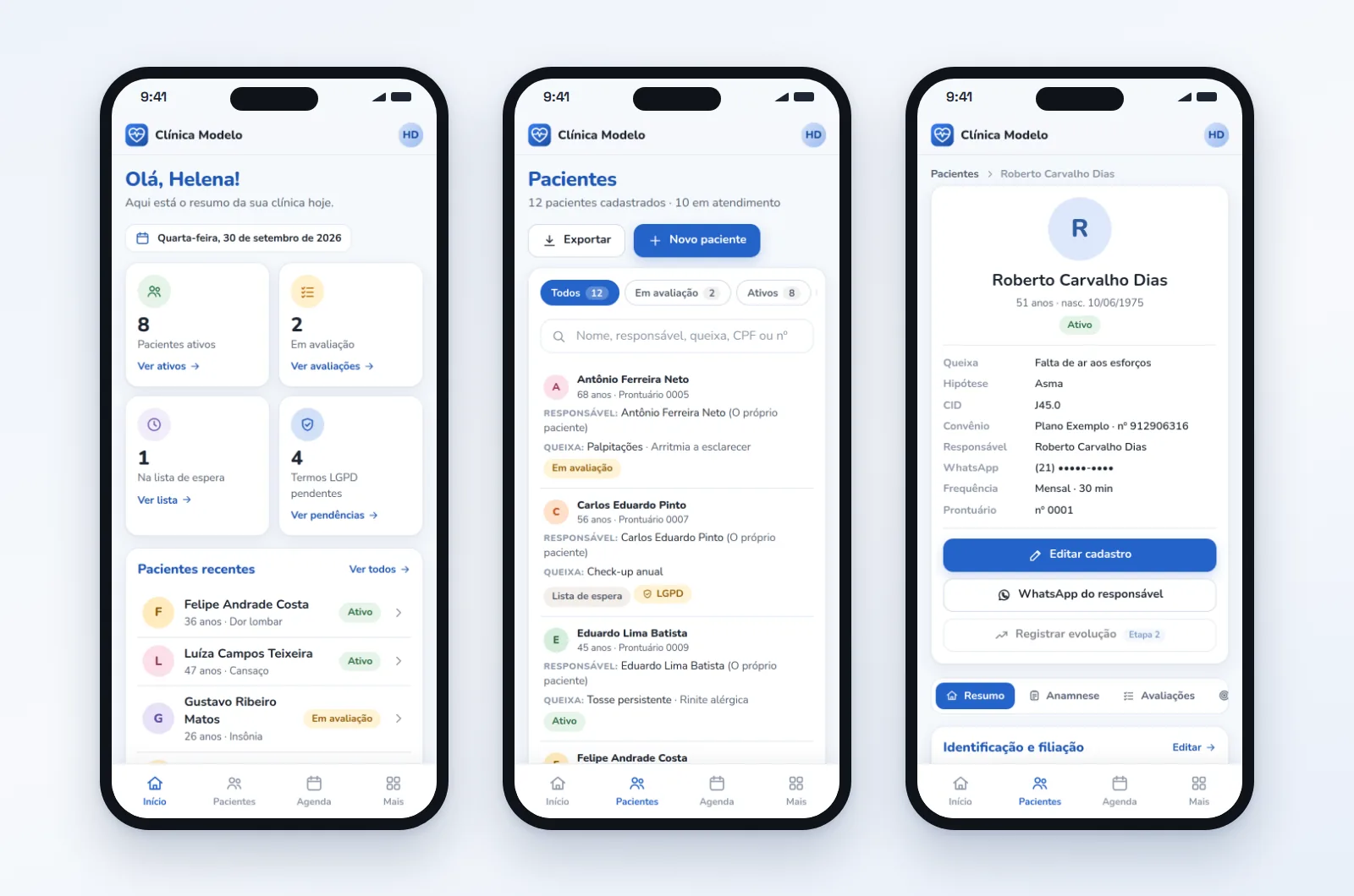 Três telas do prontuário no celular: painel inicial, lista de pacientes e ficha do paciente da clínica fictícia