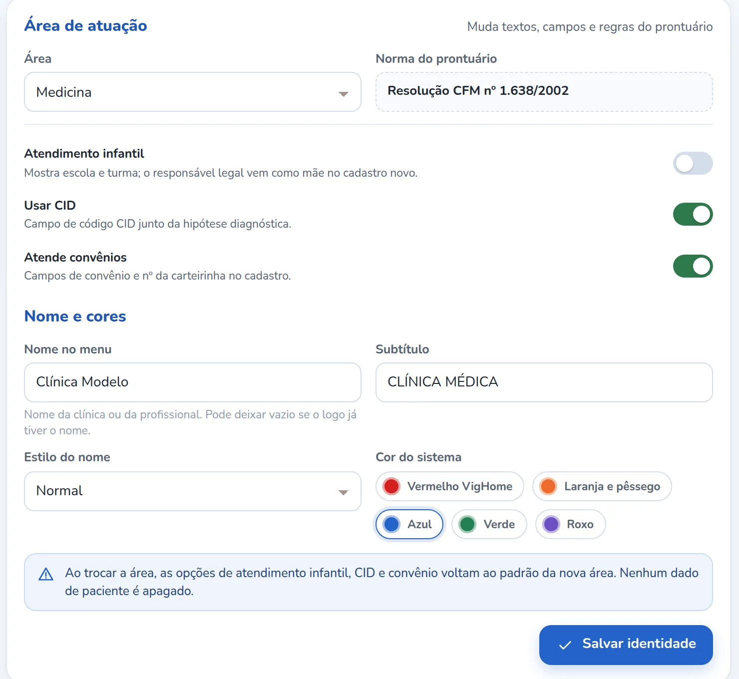 Configurações do prontuário com a área Medicina, a norma Resolução CFM nº 1.638/2002, opções de CID e convênio e a escolha de cores
